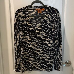 Tory Burch V-Neck Black and Cream Horse Pattern Blouse